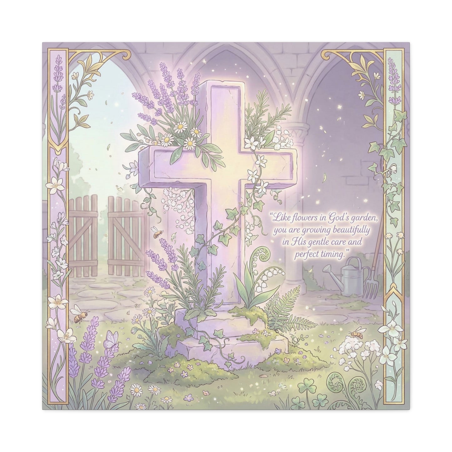 "Like Flowers In God's Garden, You Are Growing Beautifully" Christian Canvas Wall Art - Floral Cross Scripture Decor - Lavender Garden Illustration - Bedroom Home Decoration, Living Room Accent