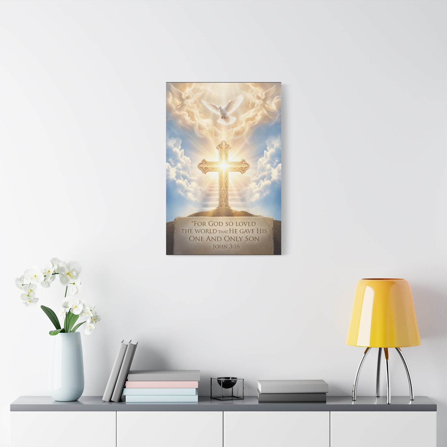 "For God So Loved The World That He Gave His One And Only Son" Christian Canvas Wall Art - Glowing Cross, Dove And Angels - Traditional Religious Wall Decor - Bedroom Living Room - Ready to Hang