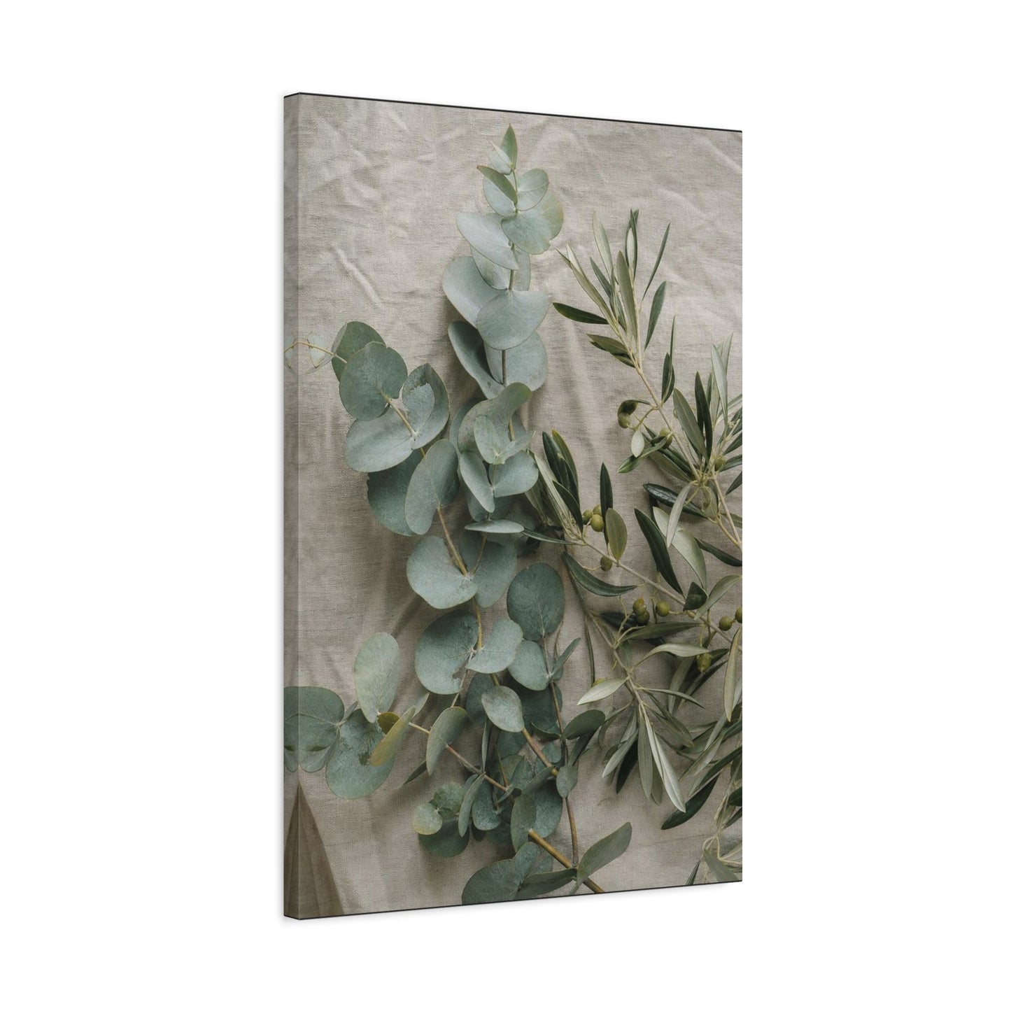Eucalyptus And Olive Branch Canvas Wall Art - Botanical Still Life, Soft Sage Beige Tones - Matte Cotton Print, Minimalist Traditional Style - Bedroom Decoration, Spa Accent - Living Room Wall Decor
