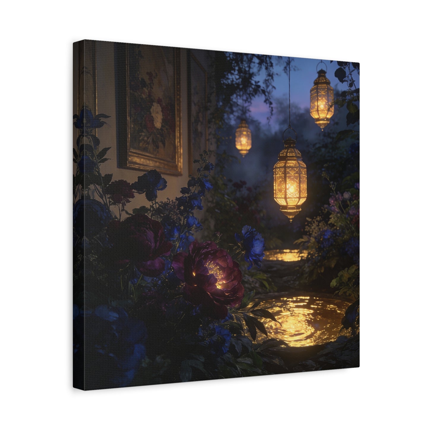 Lantern Garden Canvas Wall Art - Twilight Floral Courtyard, Glowing Water Reflections - Moody Botanical Night Scene, Matte Canvas Print - Bedroom Wall Decor, Living Room Accent - Cozy Reading Nook Art