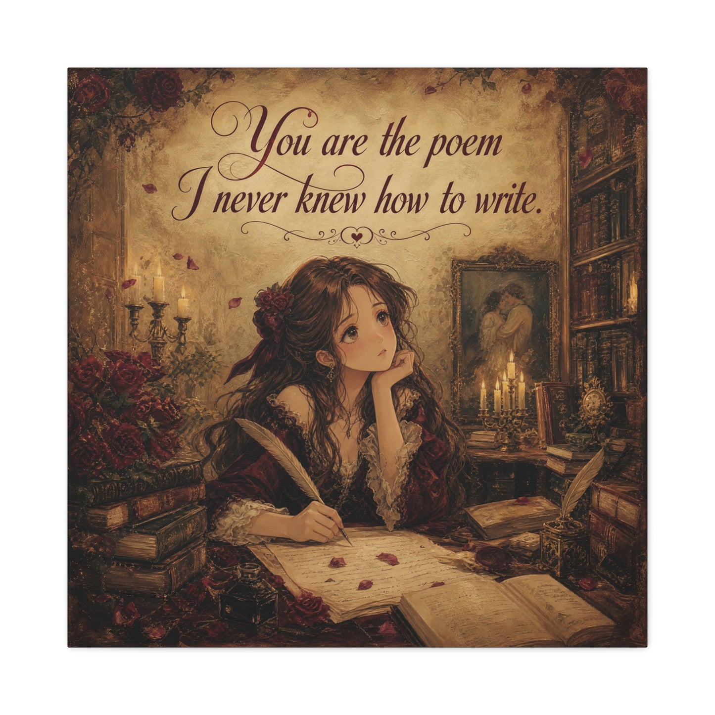 "You Are The Poem I Never Knew How To Write" Quote Canvas Wall Art - Romantic Gothic Library Girl Illustration - Vintage Brown Decor - Bedroom Wall Hanging, Teenager Room Decor - Ready to Hang