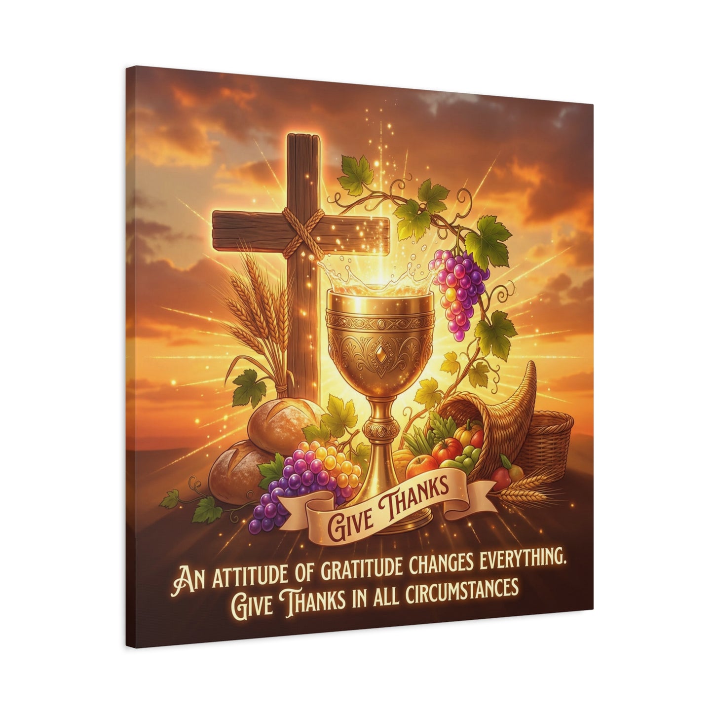 "Give Thanks" Christian Canvas Wall Art - Cross, Communion Chalice, Grapes, Bread - Gratitude Scripture Decor, Matte Cotton Print - Ready to Hang