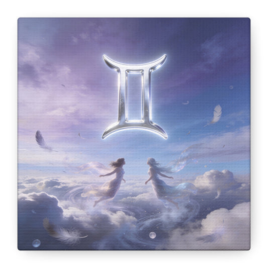 Gemini Zodiac Canvas Art Print - Glowing Twin Symbol, Ethereal Sky Illustration - Dreamy Celestial Typography Style - Cotton Canvas Decor For Bedroom, Living Space, Meditation Room - Office Wall Art