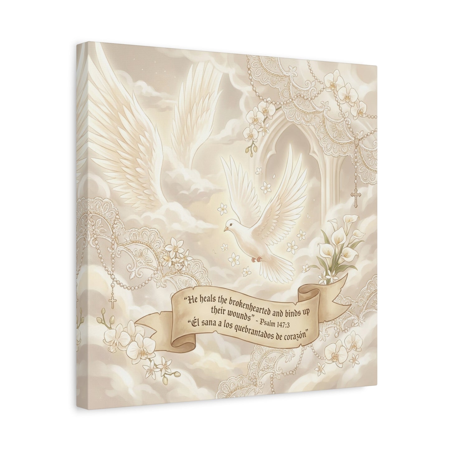 "He Heals The Brokenhearted And Binds Up Their Wounds" Canvas Wall Art - Dove, Cross, Psalm 147:3 Scripture Print - Beige Floral Christian Decor - Bedroom Living Room Home Decoration - Office Wall Art