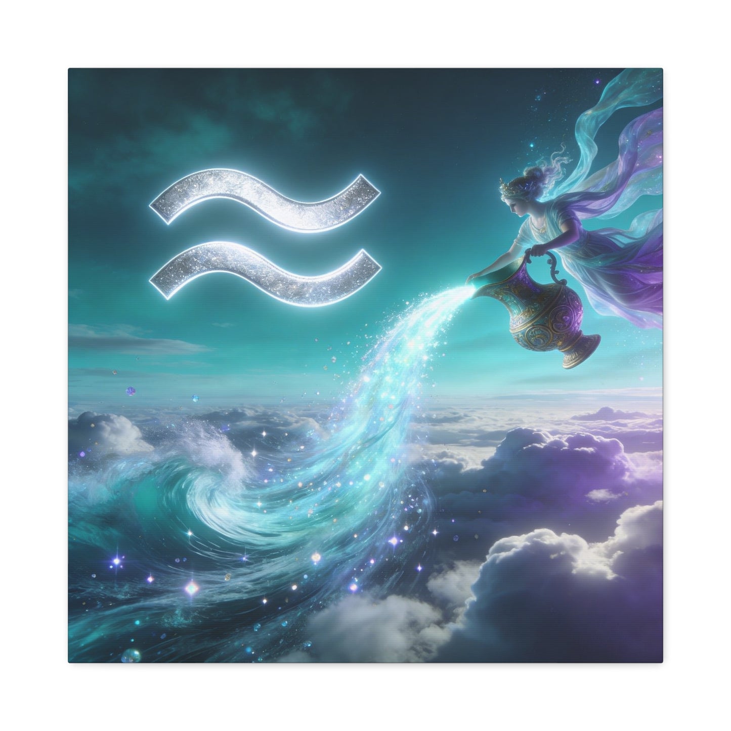 Aquarius Zodiac Canvas Wall Art - Celestial Water Bearer Fantasy Illustration, Matte Canvas Print - Mystical Blue Purple Decor, Bedroom Home Decoration, Office Wall Art - Bedroom Home Decoration