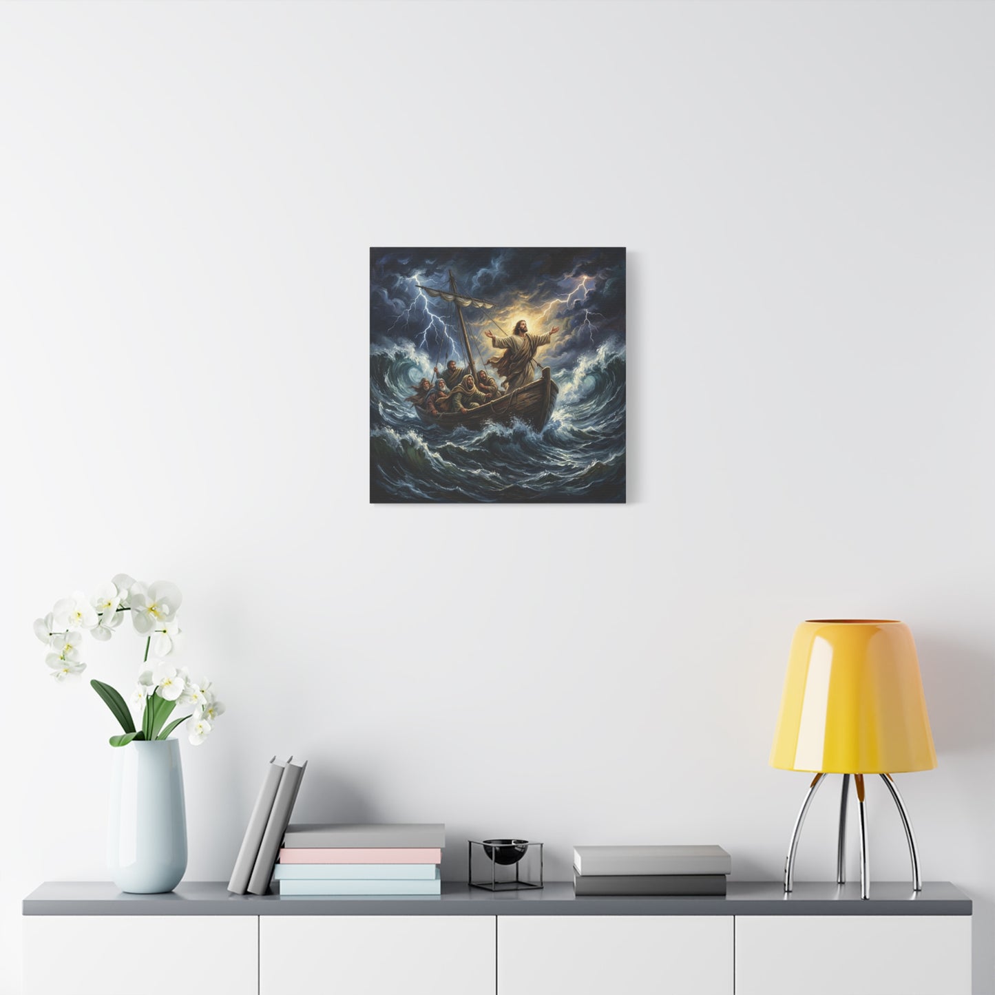 Jesus Calming The Storm Canvas Wall Art - Bible Boat Sea Scene, Dramatic Lightning Waves - Cotton Matte Print - Traditional Religious Decor For Living Room Office Bedroom - Living Room Wall Decor