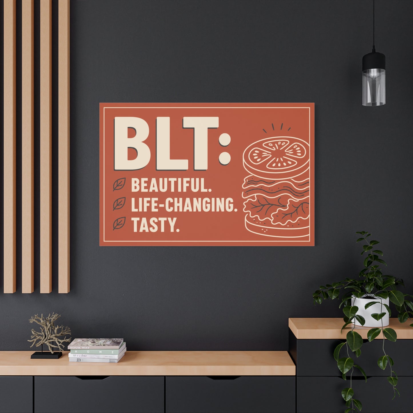 "BLT: Beautiful. Life-Changing. Tasty." Canvas Wall Art - Retro Sandwich Decor - Typography Food Illustration - Modern Farmhouse Style - Deli Wall Decor - Sandwich Shop Sign - Gallery Wrapped Canvas