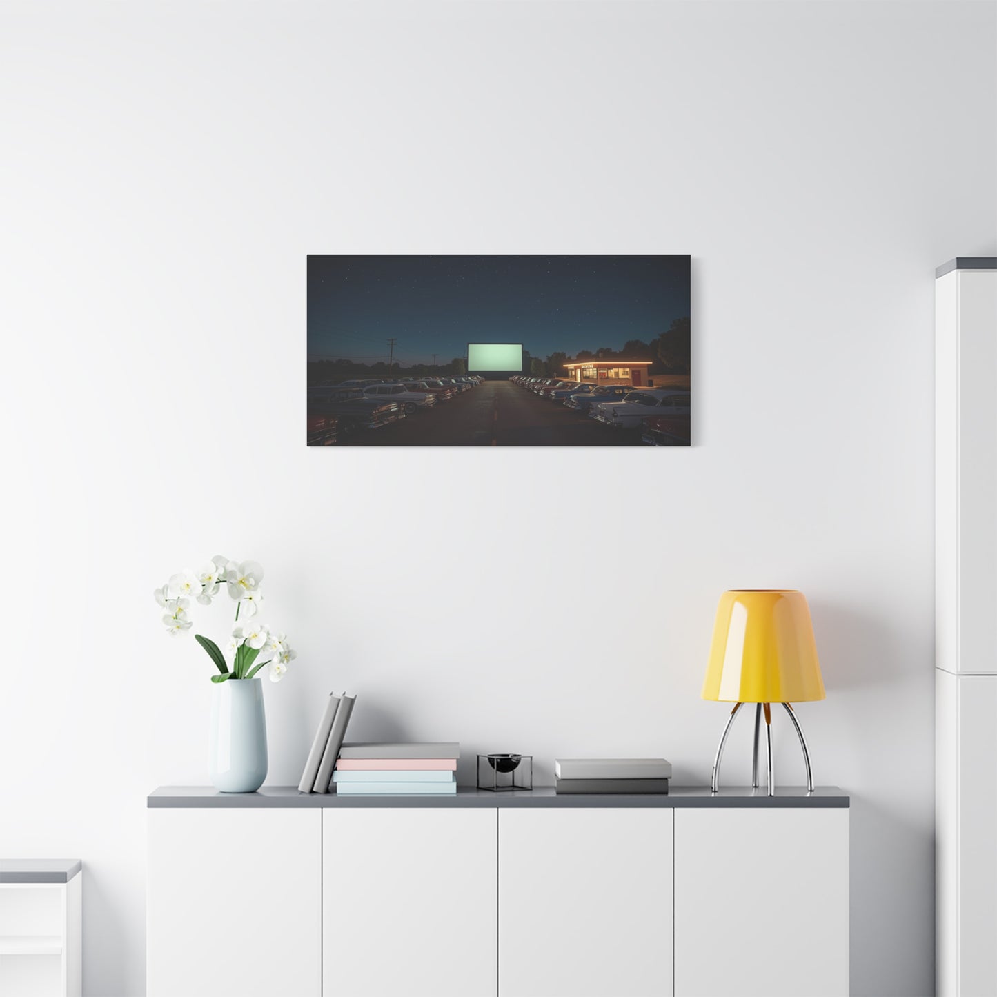 Vintage Drive-In Theater Canvas Wall Art - Starry Night Cinema Parking Lot, Retro Americana Art Print - Moody Contemporary Style - Living Room Wall Decor, Office Art - Bedroom Home Decoration
