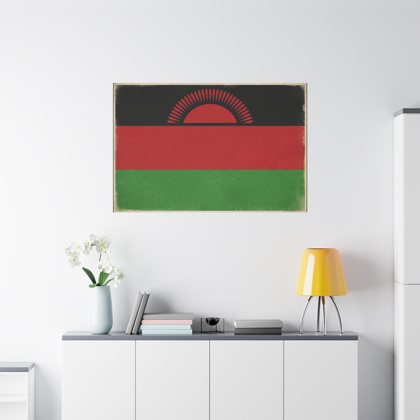 Malawi Flag Canvas Wall Art - Vintage Rising Sun National Flag Print, Pan African Red Black Green Design - Matte Canvas Decor - Living Room Wall Decor, Office Art Accent - Bedroom Home Decoration