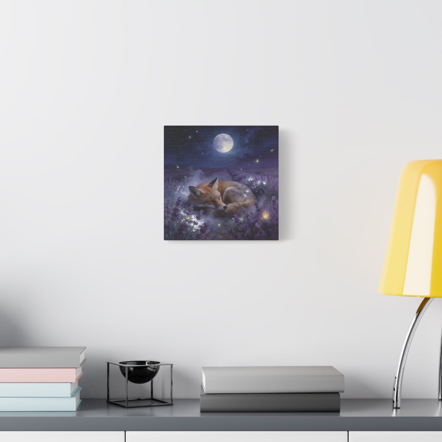 Sleeping Red Fox Canvas Wall Art - Moonlit Lavender Field, Fireflies, Starry Night Sky - Dreamy Woodland Animal Print - Matte Finish Canvas - Bedroom Wall Decor, Nursery Accent - Cozy Reading Nook Art