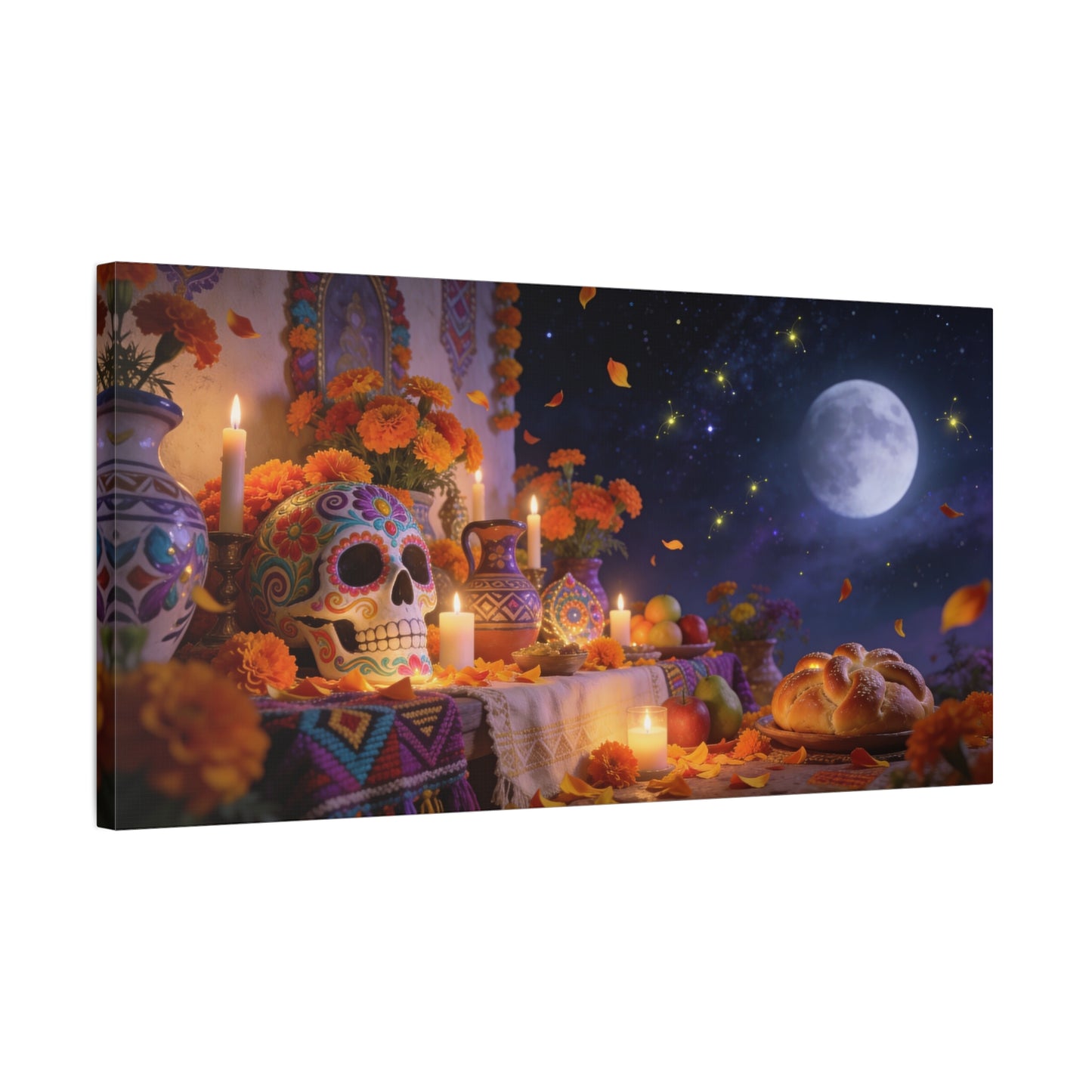 Day Of The Dead Altar Canvas Wall Art - Sugar Skull, Marigolds, Candles, Full Moon - Traditional Folk Style - Living Room Wall Decor, Dining Room Accent, Bedroom Home Decoration - Ready to Hang