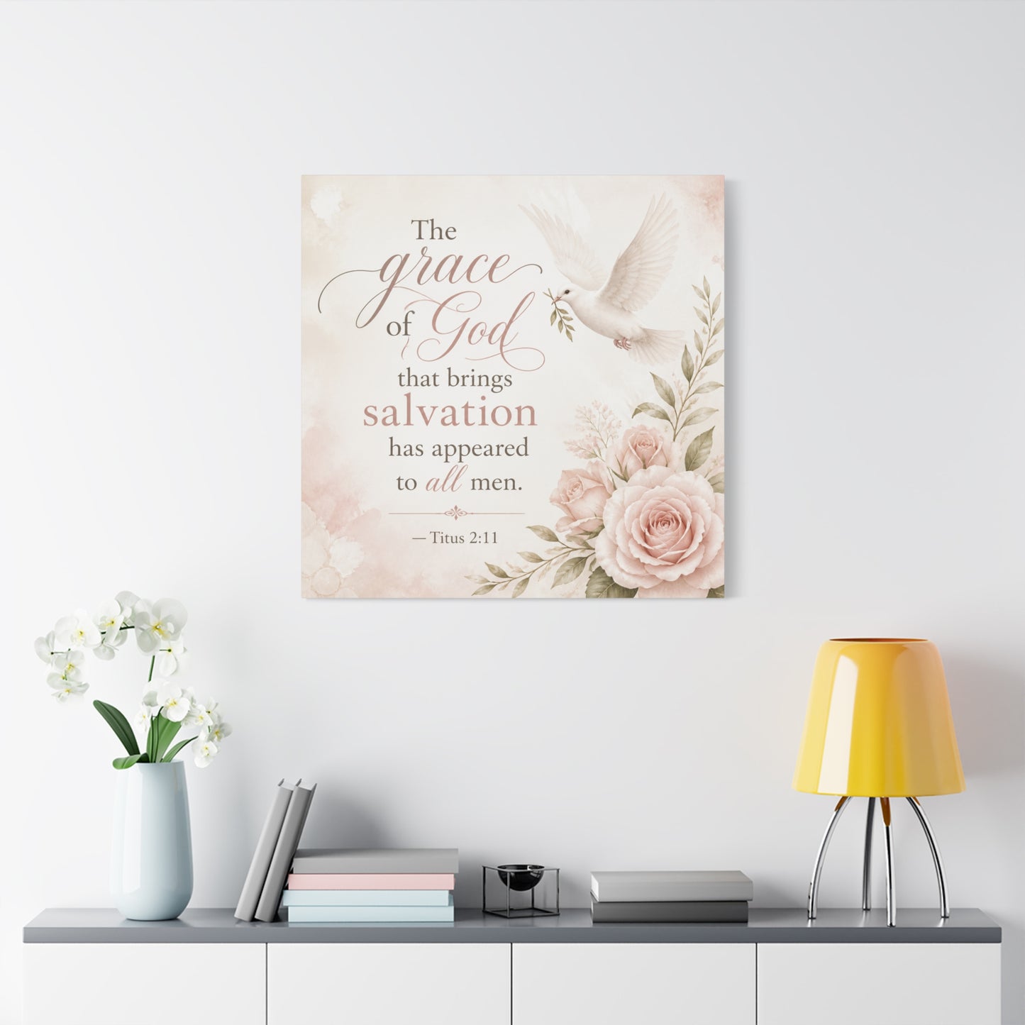 "The Grace Of God That Brings Salvation Has Appeared To All Men" Canvas Wall Art - Dove, Roses, Titus 2:11 Scripture Print - Blush Floral Christian Decor - Bedroom Living Room Accent - Office Wall Art
