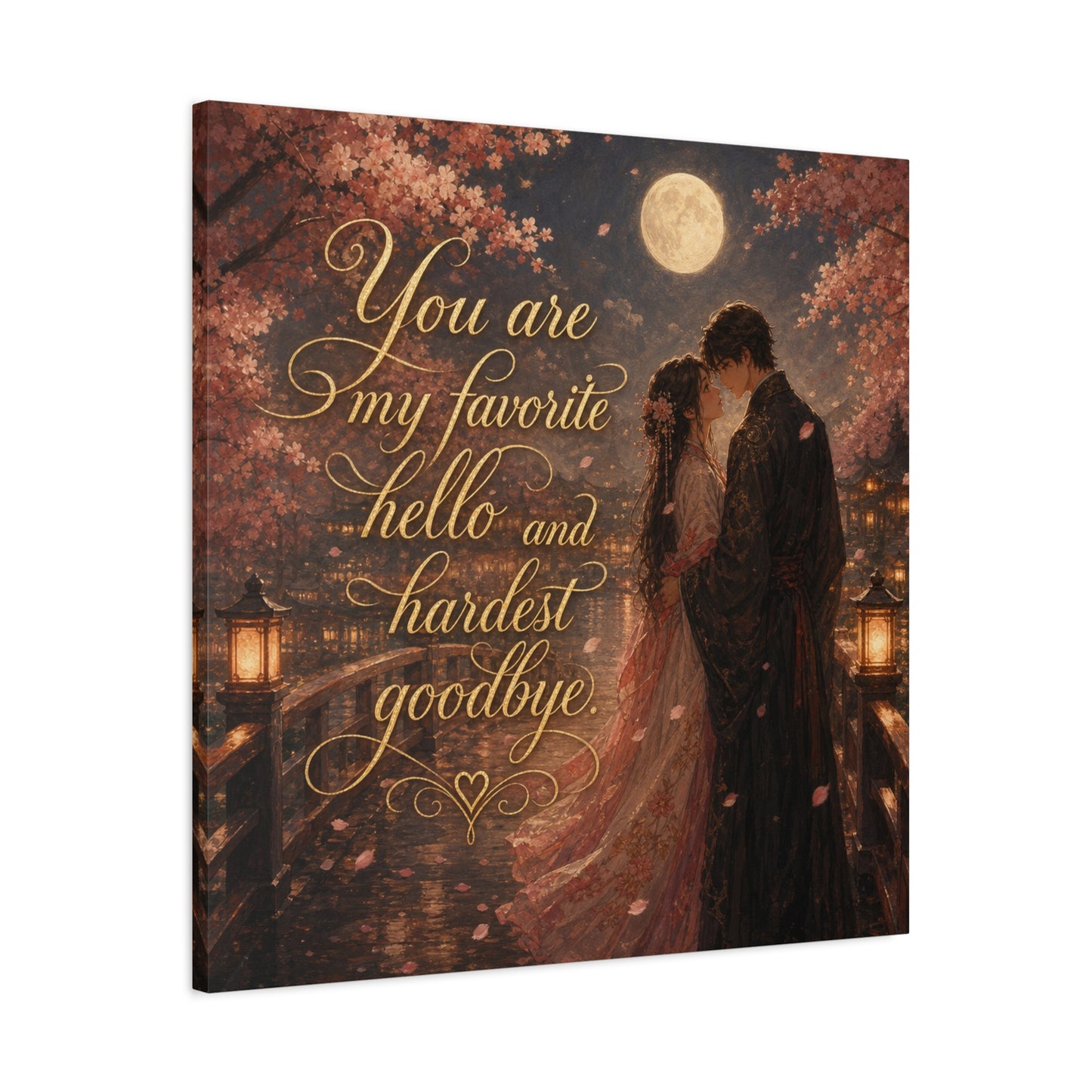 "You Are My Favorite Hello And Hardest Goodbye" Romantic Canvas Wall Art - Moonlit Cherry Blossom Couple, Gold Script Quote Print - Traditional Love Decor, Bedroom Wall Hanging - Cozy Reading Nook Art