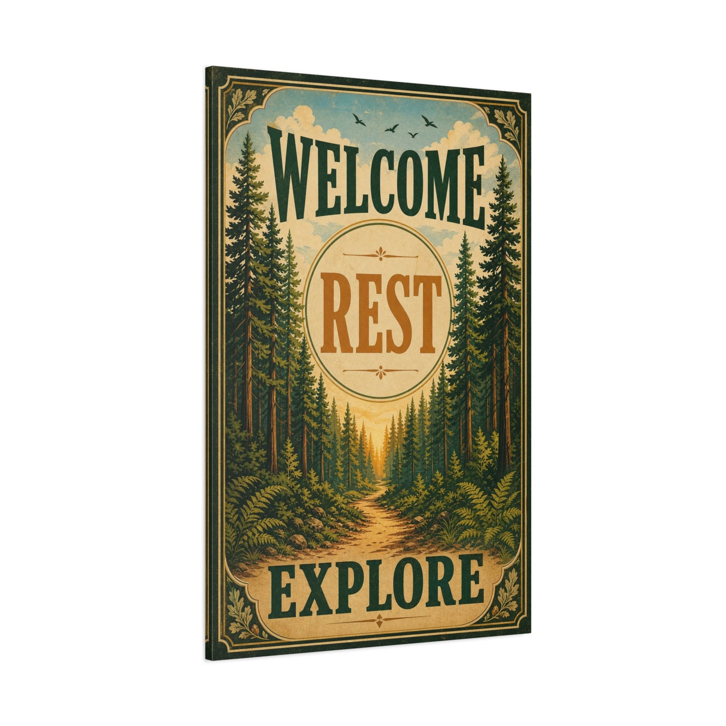 "Welcome Rest Explore" Forest Canvas Art Print - Vintage Pine Path Landscape Decor - Rustic Cabin Style, Nature Home Accent, Entryway Decoration, Lodge Interior Piece - Living Room Wall Decor