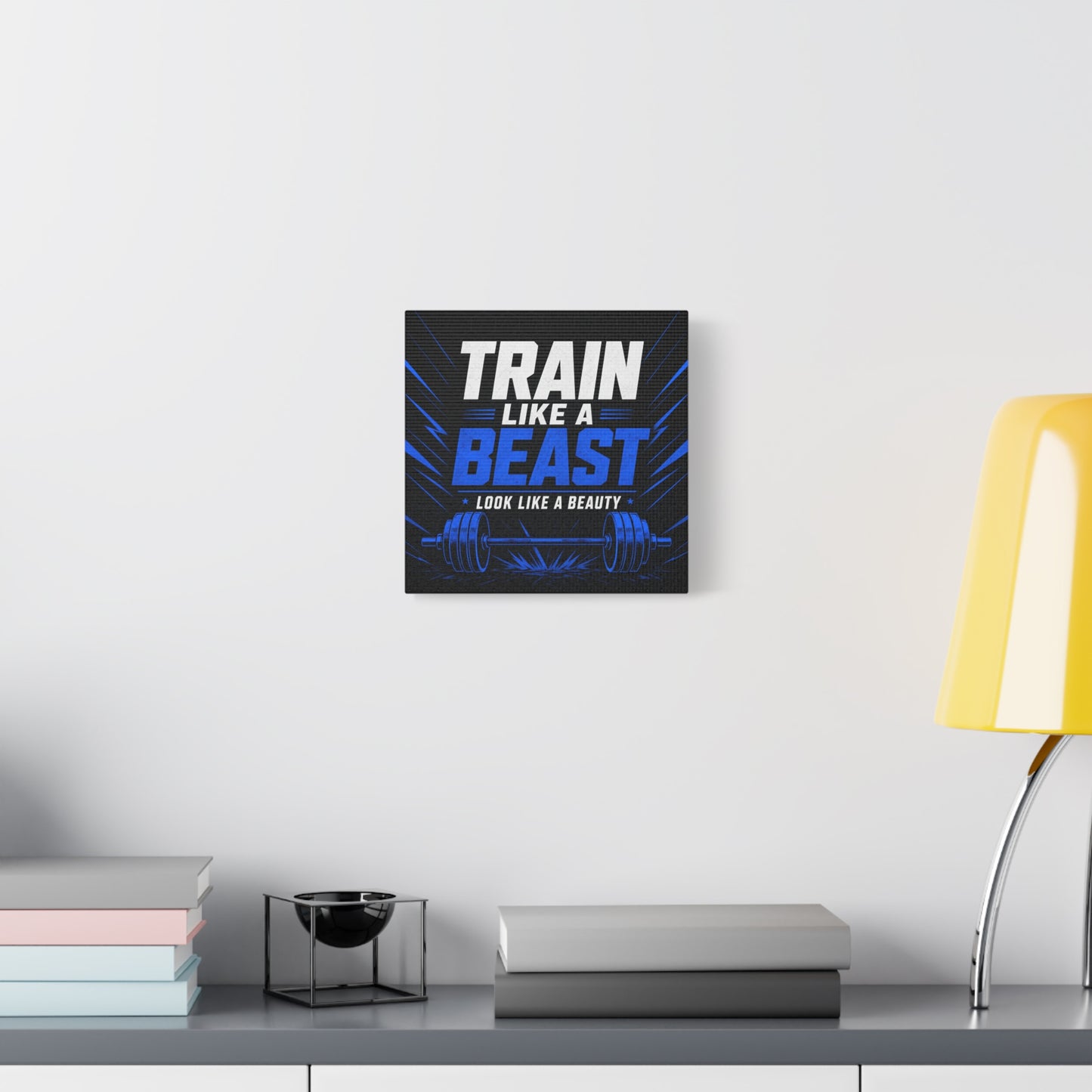 "Train Like A Beast Look Like A Beauty" Gym Canvas Wall Art - Blue Black Barbell Typography Motivational Fitness Decor - Modern Sports Quote Print - Ready to Hang - Living Room Wall Decor