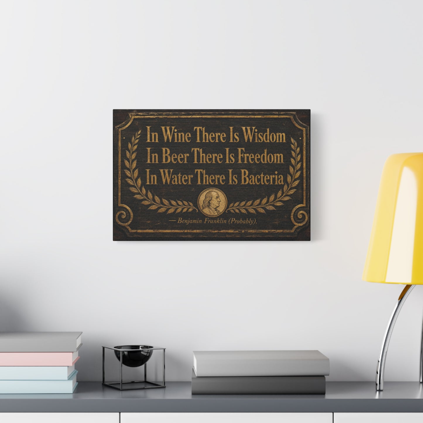 "In Wine There Is Wisdom In Beer There Is Freedom" Canvas Wall Art - Vintage Bar Quote Print, Rustic Tavern Style, Brown Gold Typography Decor, Home Bar - Office Wall Art - Cocktail Lounge Decor