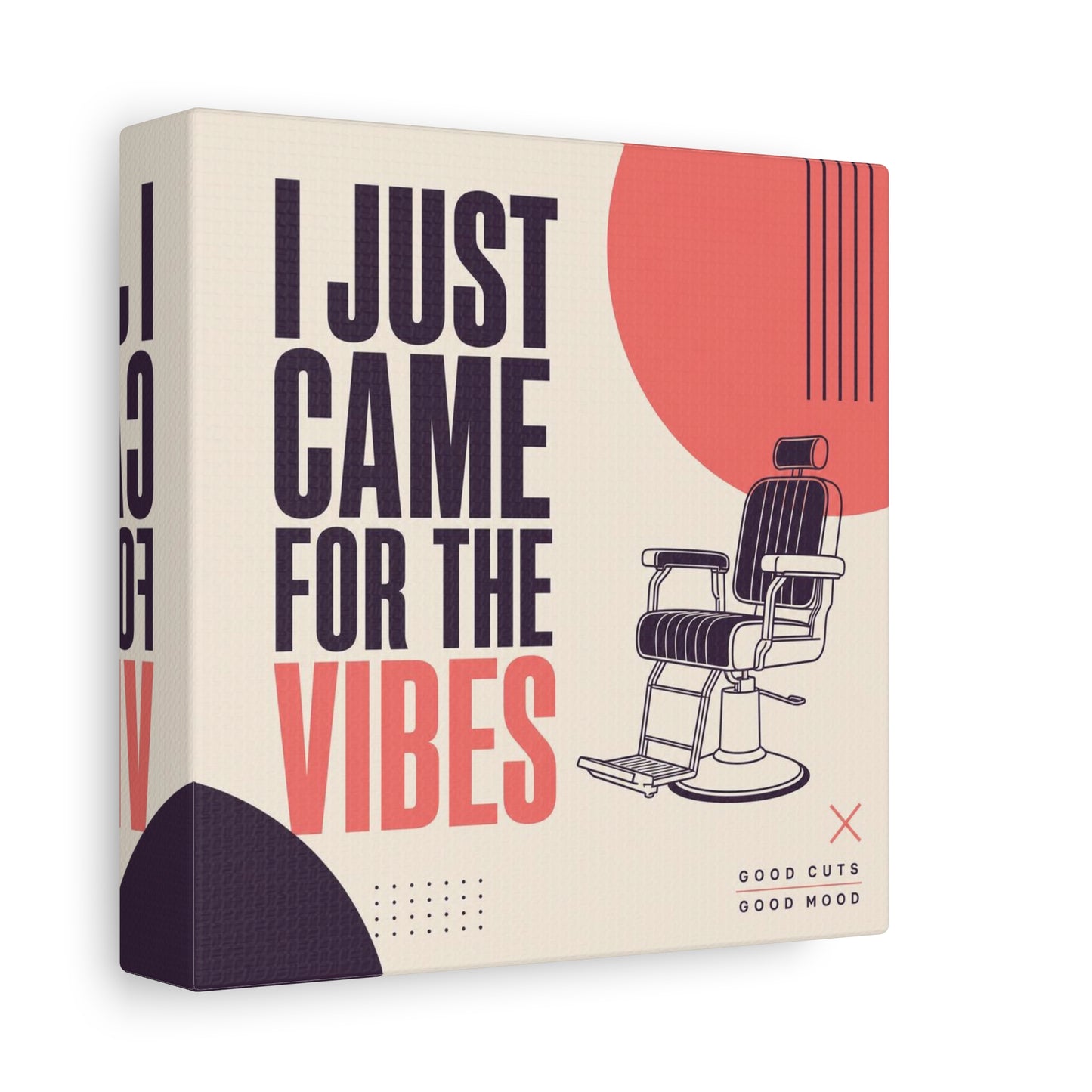"I Just Came For The Vibes" Typography Canvas Wall Art - Barber Chair Line Illustration, Coral And Black Modern Salon Wall Decor - Minimalist Quote Print For Barbershop Lobby Workspace - Ready to Hang