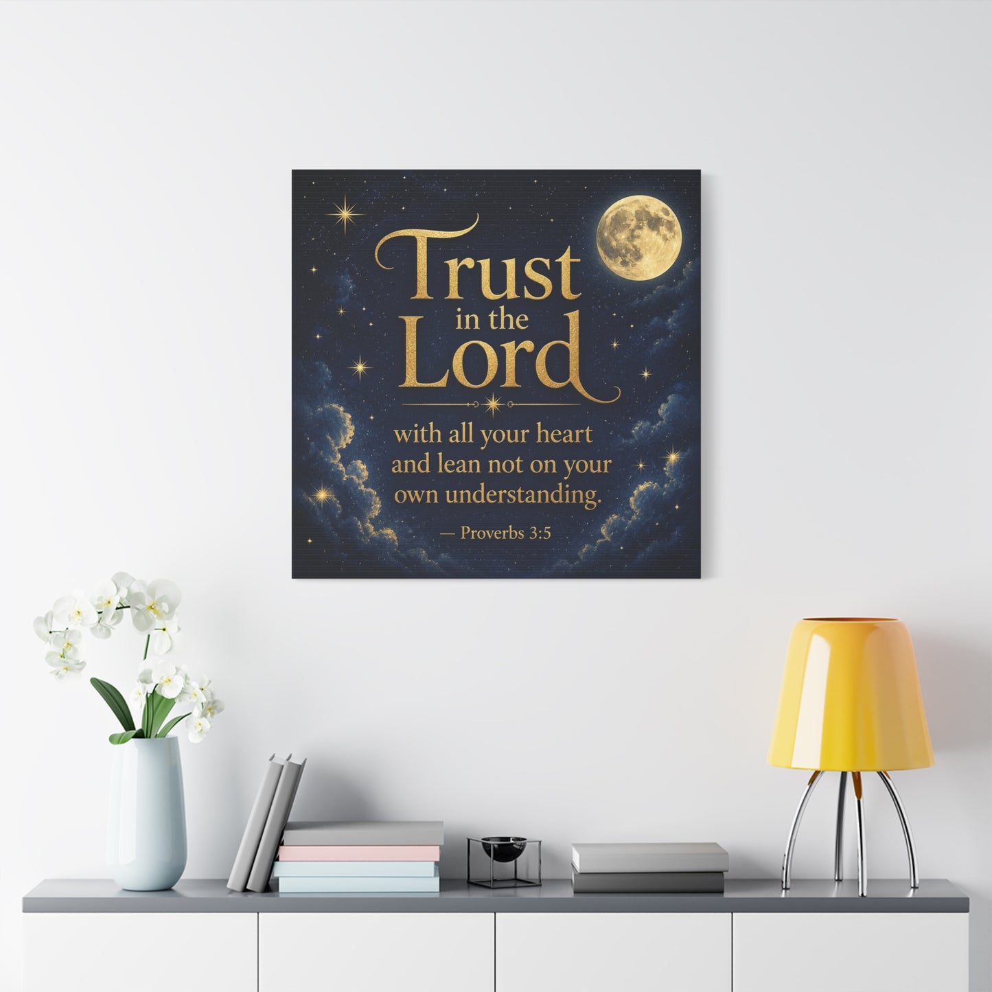 "Trust In The Lord" Bible Verse Canvas Wall Art - Moonlit Scripture Quote, Gold Typography, Christian Wall Decor - Traditional Night Sky Design - Bedroom Living Room Decoration - Ready to Hang