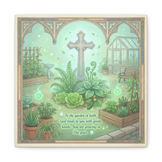 "In The Garden Of Faith" Christian Canvas Wall Art - Cross Garden Quote Print - Botanical Scripture Decor, Matte Cotton Canvas - Traditional Religious Wall Decor For Bedroom Office - Ready to Hang