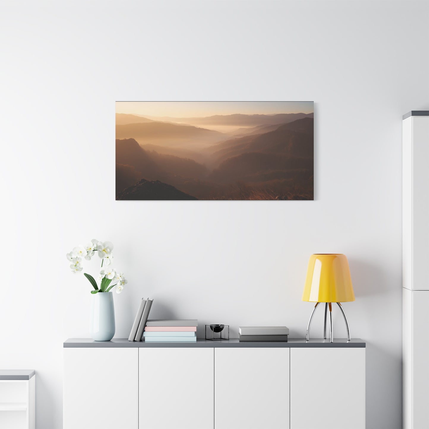 Golden Mist Mountain Valley Canvas Wall Art - Serene Landscape Art Print, Warm Dawn Light - Minimalist Nature Decor - Living Room Wall Decor, Bedroom Home Decoration - Bedroom Home Decoration