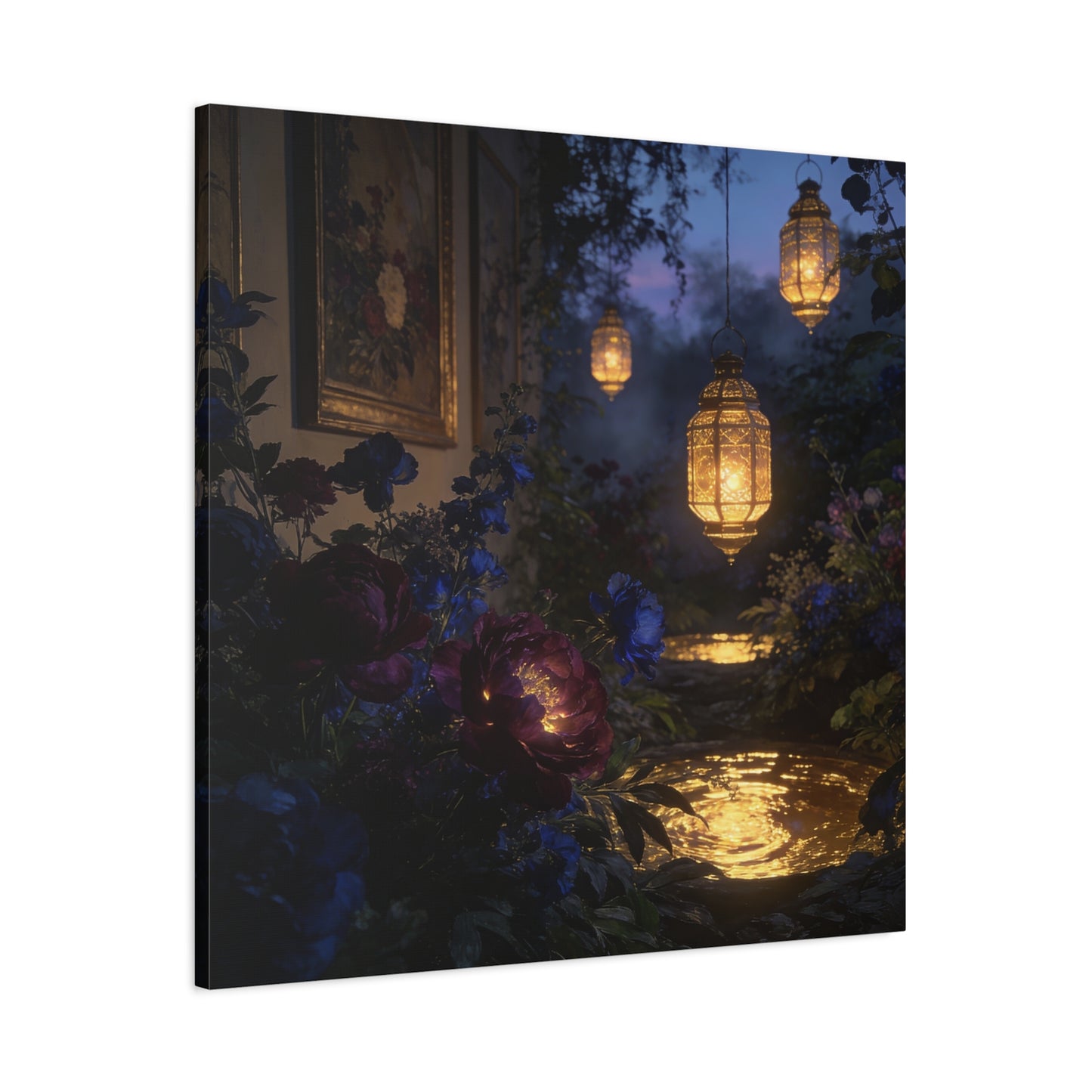 Lantern Garden Canvas Wall Art - Twilight Floral Courtyard, Glowing Water Reflections - Moody Botanical Night Scene, Matte Canvas Print - Bedroom Wall Decor, Living Room Accent - Cozy Reading Nook Art