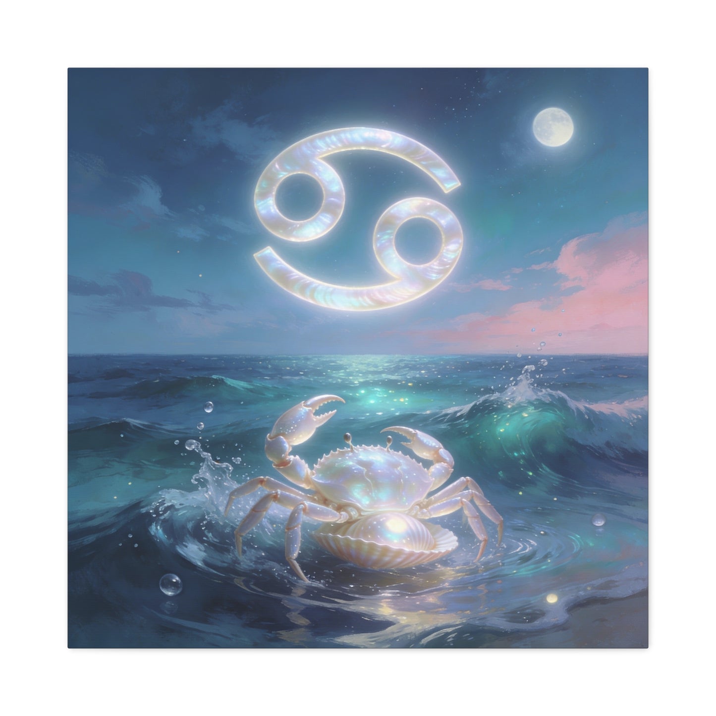 Cancer Zodiac Canvas Wall Art - Moonlit Ocean Crab, Iridescent Shell Symbol - Coastal Celestial Print, Dreamy Blue Seascape - Bedroom Home Decoration, Living Room Wall Decor - Bedroom Home Decoration