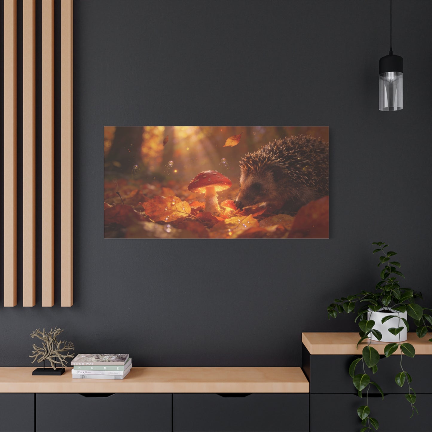 Hedgehog Mushroom Canvas Wall Art - Autumn Forest Wildlife Canvas Print, Glowing Red Toadstool, Warm Golden Light, Whimsical Nature Decor, Living Room Wall Decor, Bedroom Accent - Ready to Hang