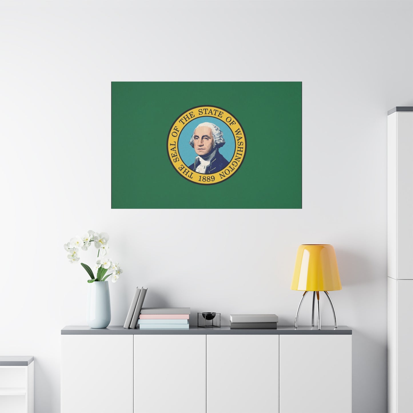 "THE SEAL OF THE STATE OF WASHINGTON 1889" Flag Canvas Wall Art - George Washington State Pride Decor - Green Gold Historic Print - Living Room Home Decoration, Office Wall Accent - Ready to Hang