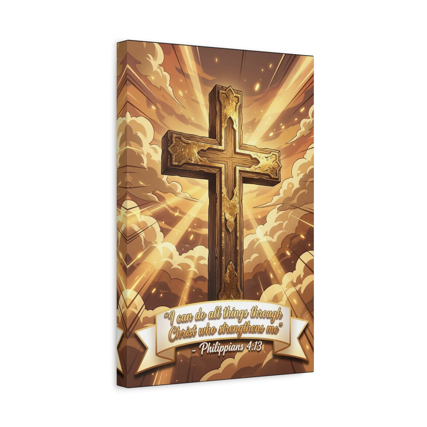 "I Can Do All Things Through Christ Who Strengthens Me" Cross Canvas Wall Art - Philippians 4:13 Scripture Decor, Golden Sky Christian Home Accent, Traditional Bedroom Living Room Decoration