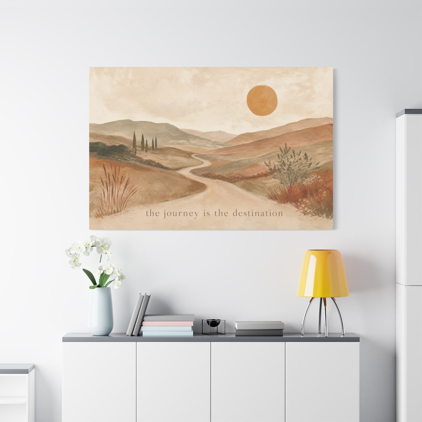 "The Journey Is The Destination" Landscape Canvas Wall Art - Desert Hills, Winding Path, Terracotta Sun - Minimalist Typography Print - Bedroom Wall Decor, Living Room Home Decoration - Ready to Hang