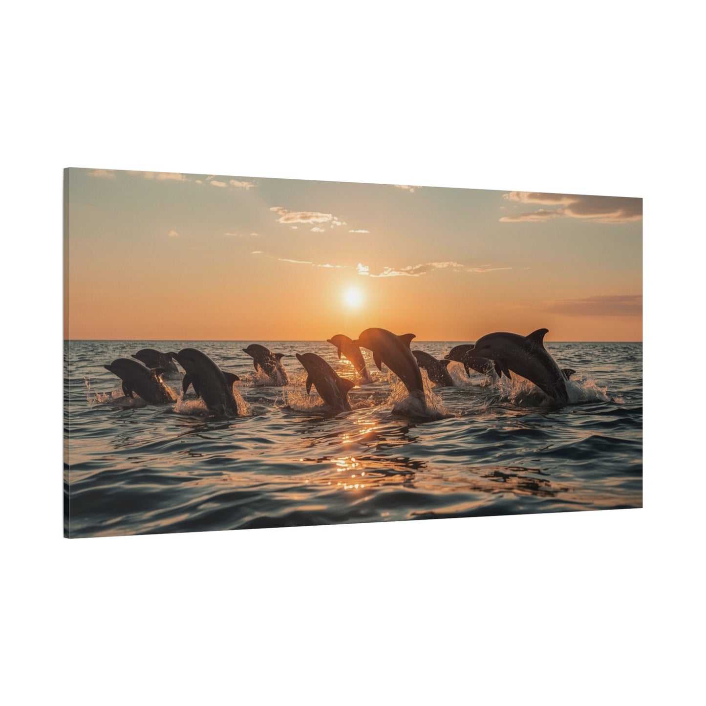 Dolphin Sunset Canvas Wall Art - Ocean Wildlife Art Print, Golden Seascape, Coastal Living Room Wall Decor, Bedroom Home Decoration, Ready to Hang Matte Canvas - Bedroom Home Decoration