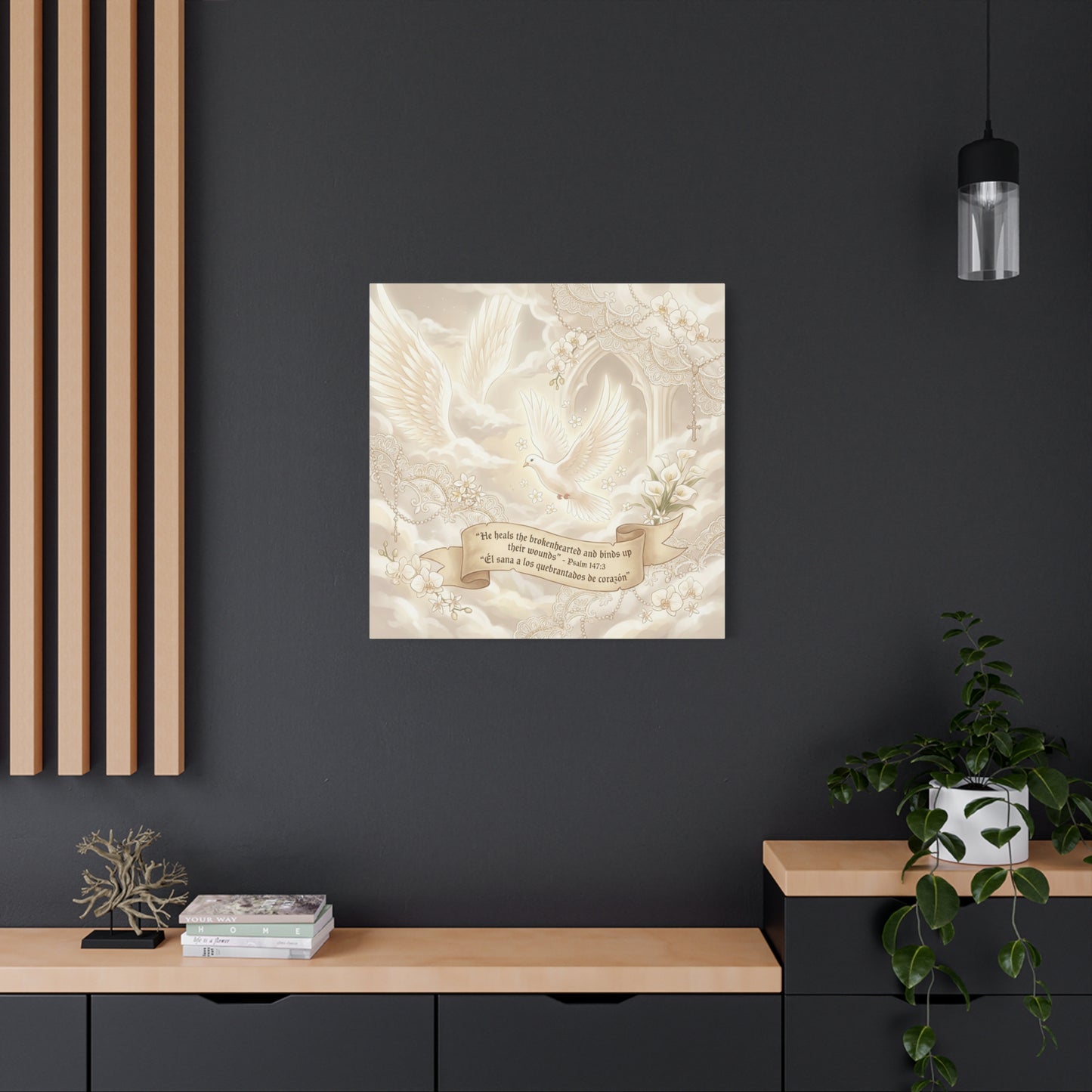 "He Heals The Brokenhearted And Binds Up Their Wounds" Canvas Wall Art - Dove, Cross, Psalm 147:3 Scripture Print - Beige Floral Christian Decor - Bedroom Living Room Home Decoration - Office Wall Art