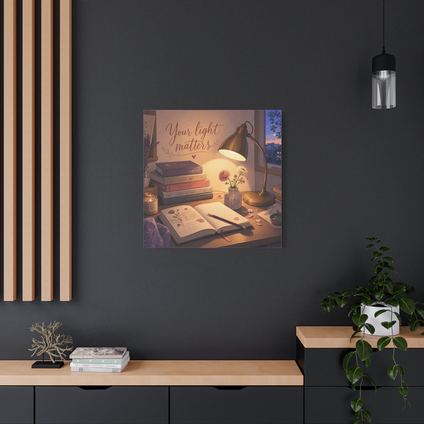"Your Light Matters" Inspirational Canvas Wall Art - Cozy Desk Lamp Books Floral Print - Warm Vintage Bedroom Wall Decor - Reading Nook Home Decoration - Ready to Hang - Bedroom Home Decoration