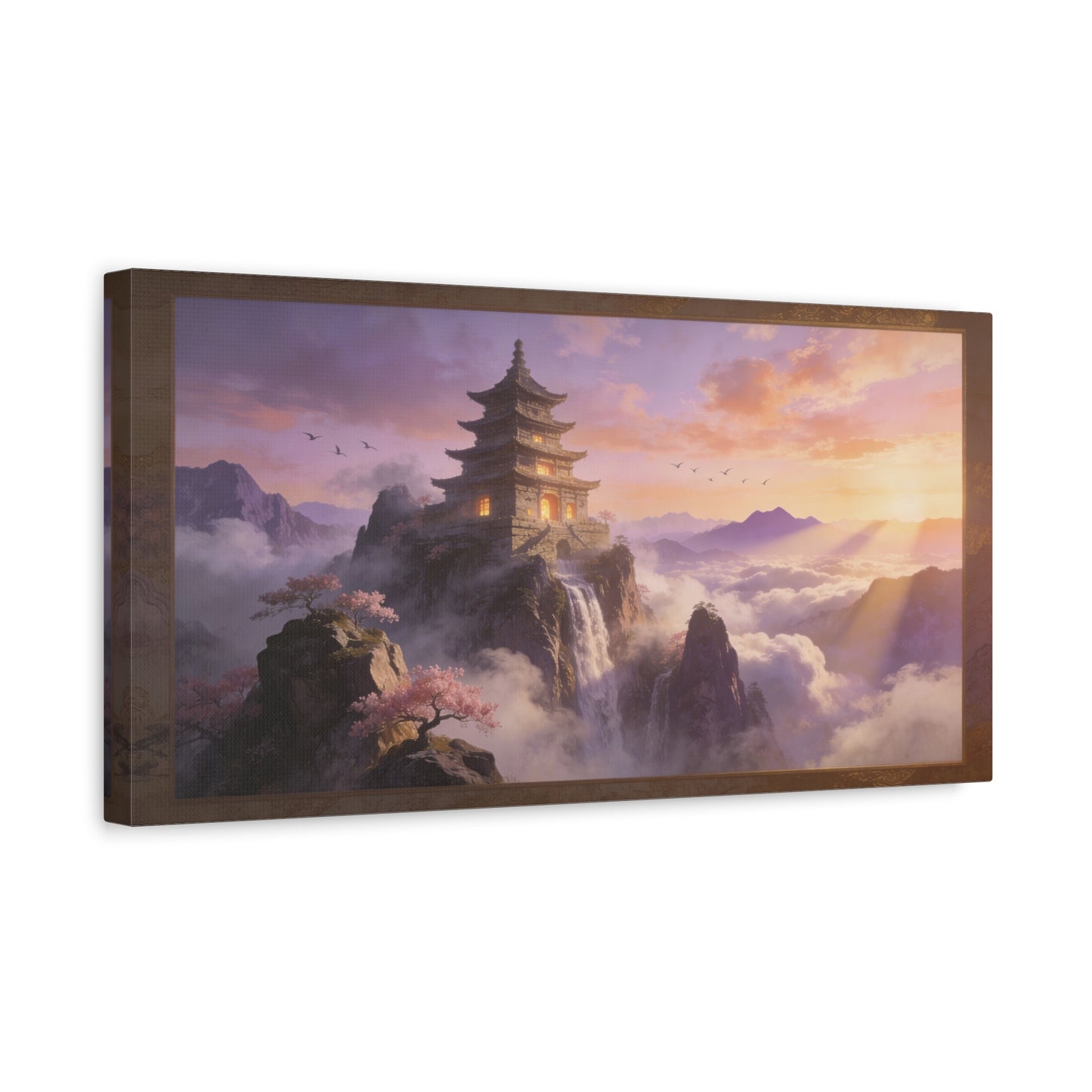 Mountain Pagoda Canvas Wall Art - Misty Sunrise Temple, Waterfall And Cherry Blossoms - Framed Landscape Print, Serene Traditional Style - Living Room Wall Decor, Bedroom Decoration - Ready to Hang