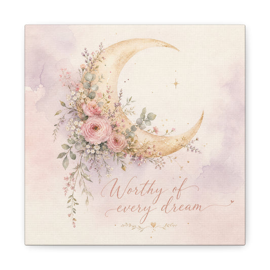 "Worthy Of Every Dream" Moon Canvas Wall Art - Floral Crescent, Inspirational Blush Gold Watercolor - Bohemian Bedroom Wall Decor - Nursery Home Decoration - Bedroom Home Decoration - Ready to Hang