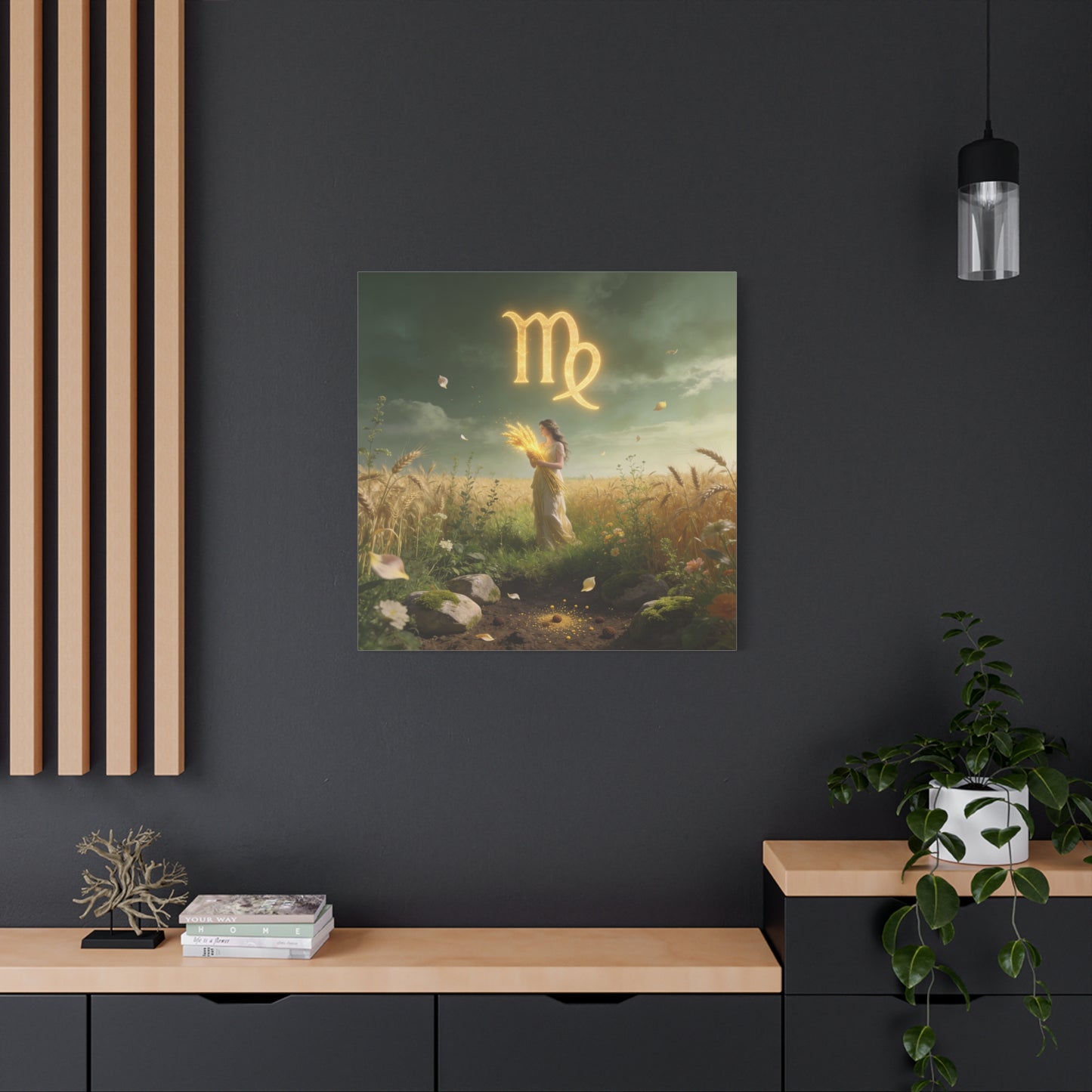 Virgo Zodiac Canvas Wall Art - Glowing Virgo Symbol, Woman In Wheat Field - Mystical Celestial Illustration, Matte Canvas Print - Bedroom Wall Decor, Meditation Space Accent - Bedroom Home Decoration
