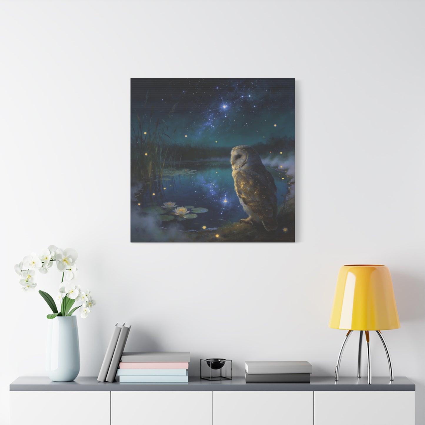 Barn Owl Canvas Wall Art - Moonlit Pond, Fireflies, Water Lilies, Starry Night Sky - Dreamy Wildlife Painting - Matte Finish Canvas Print - Bedroom Wall Decor, Nursery Accent - Bedroom Home Decoration
