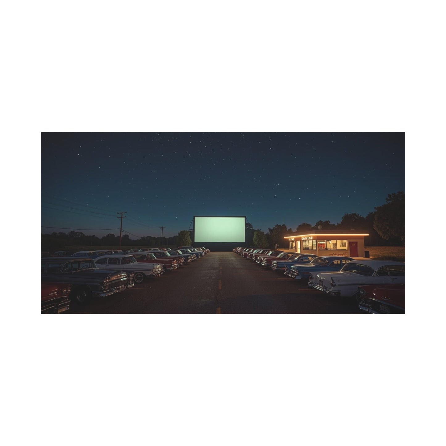 Vintage Drive-In Theater Canvas Wall Art - Starry Night Cinema Parking Lot, Retro Americana Art Print - Moody Contemporary Style - Living Room Wall Decor, Office Art - Bedroom Home Decoration