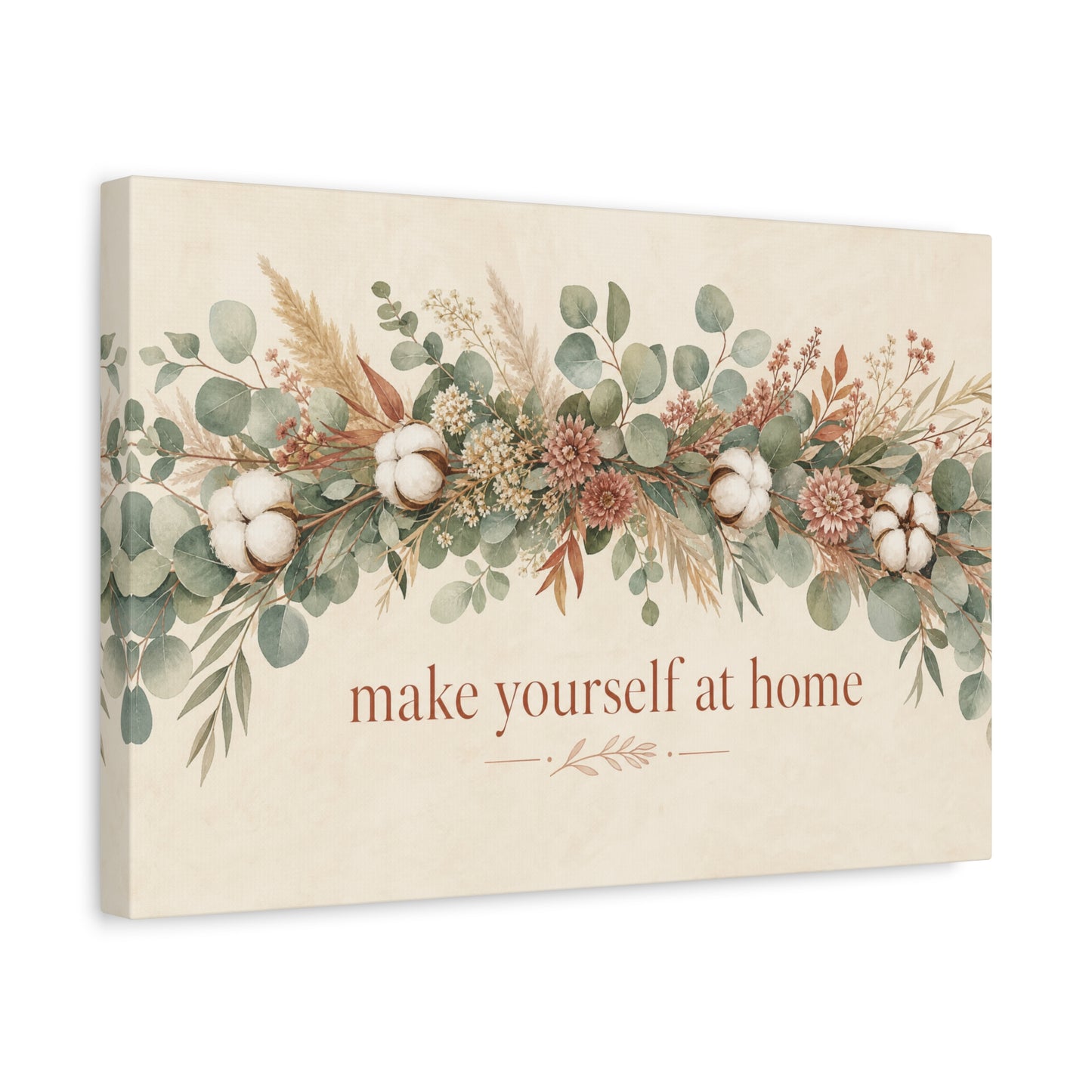 "Make Yourself At Home" Botanical Canvas Wall Art - Eucalyptus Cotton Stem Floral Quote Print - Rustic Farmhouse Style - Living Room Wall Decor - Modern Farmhouse Style - Bedroom Home Decoration
