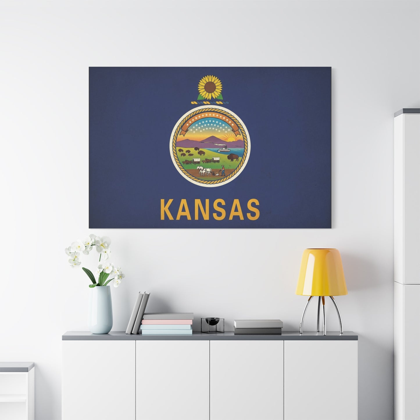Kansas State Flag Canvas Wall Art - Sunflower Seal Prairie Buffalo Wagon Sunset Print - Vintage Blue Typography Decor - Living Room Wall Decor, Office Art, Dorm Accent - Bedroom Home Decoration