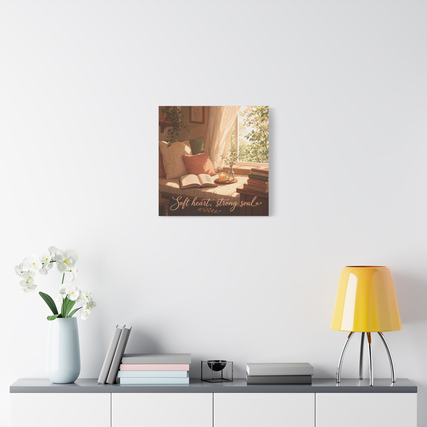 "Soft Heart, Strong Soul" Reading Nook Canvas Wall Art - Sunlit Window Seat, Books, Candle, Botanical Bedroom Decor - Cozy Cottagecore Style - Living Room Wall Decor - Bedroom Home Decoration