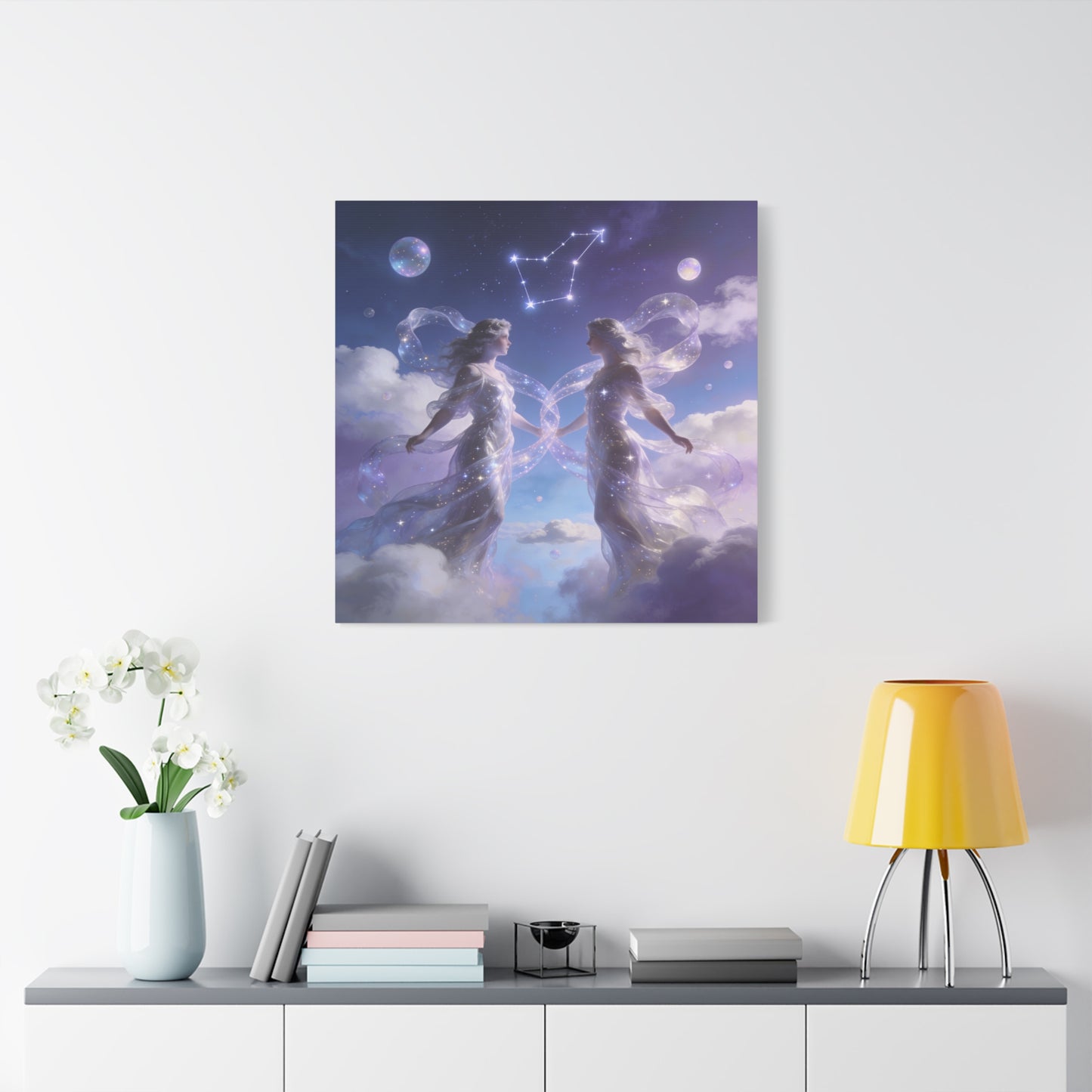Gemini Zodiac Canvas Wall Art - Celestial Twin Women Under Constellation, Dreamy Fantasy Sky Scene - Matte Cotton Art Print - Bedroom Wall Decor, Meditation Space Accent - Bedroom Home Decoration
