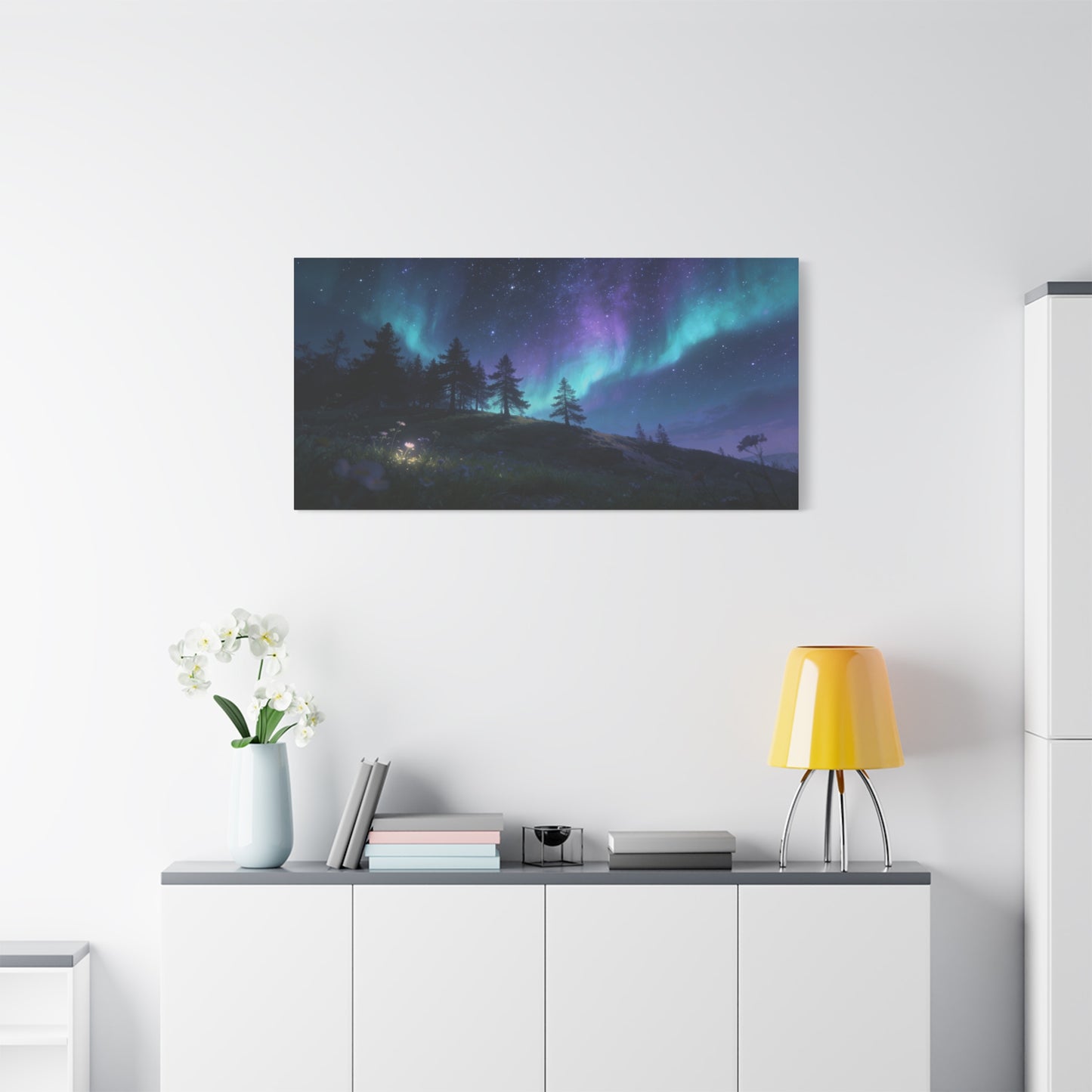 Northern Lights Canvas Wall Art - Aurora Borealis Night Sky Landscape Print, Starry Forest Meadow, Calming Contemporary Decor - Living Room Wall Decor, Bedroom Home Decoration - Modern Farmhouse Style