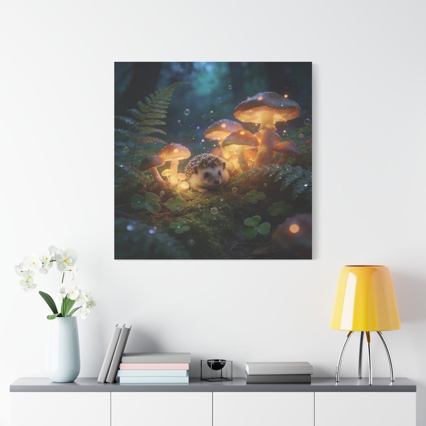 Hedgehog Mushroom Canvas Wall Art - Glowing Forest Fantasy Animal Print - Matte Cotton Art Print, Whimsical Woodland Style - Bedroom Wall Decor, Nursery Home Decoration Accent - Modern Farmhouse Style