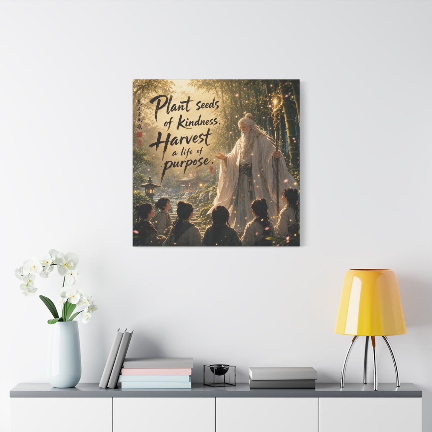 "Plant Seeds Of Kindness. Harvest A Life Of Purpose." Zen Canvas Wall Art - Wise Elder In Bamboo Garden, Inspirational Typography Print - Traditional Style, Bedroom Meditation Decor - Office Wall Art