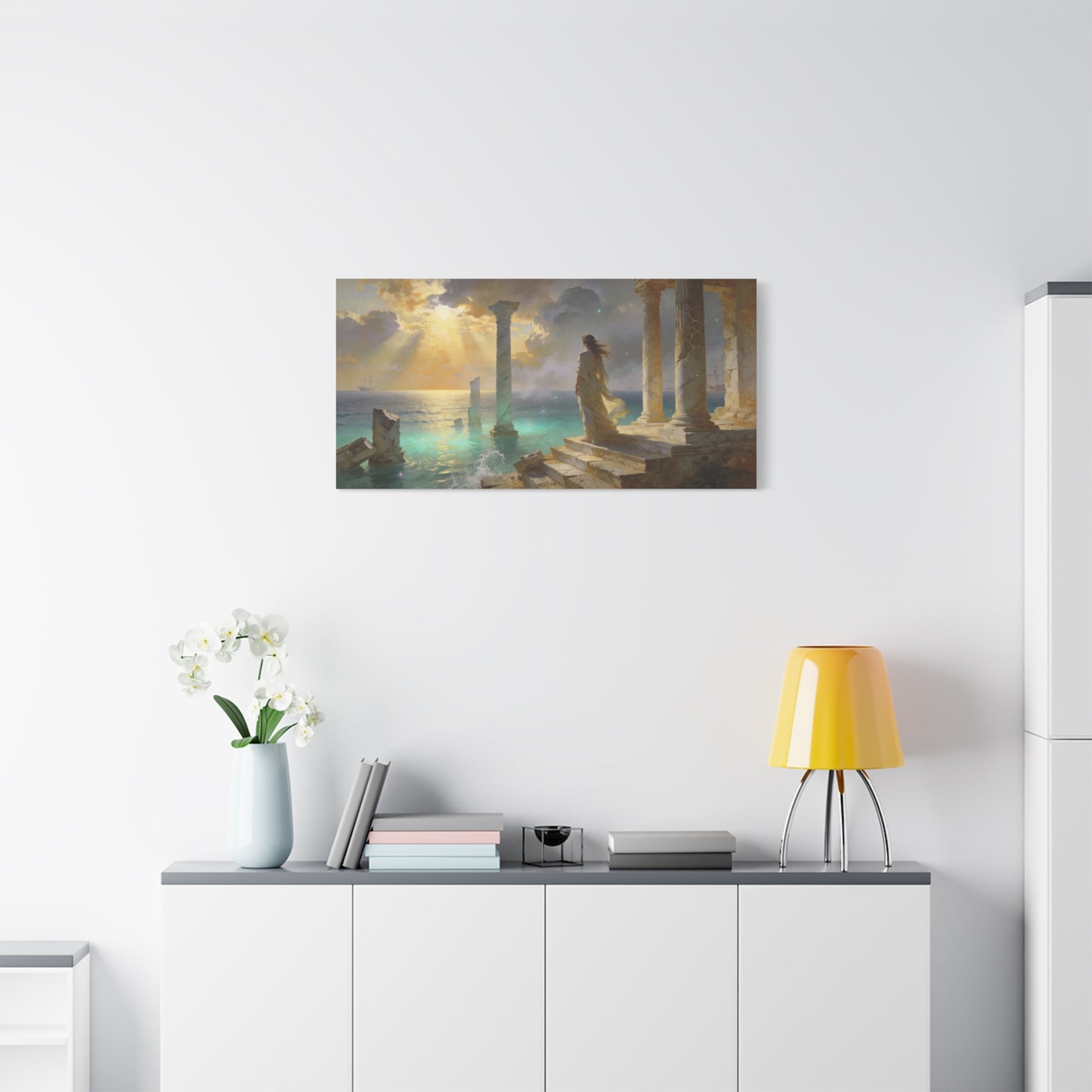 Seaside Ruins Canvas Wall Art - Woman In Flowing Gown, Sunbeams Over Ancient Columns - Luminous Coastal Painting - Living Room Wall Decor, Bedroom Home Decoration, Office Art - Bedroom Home Decoration