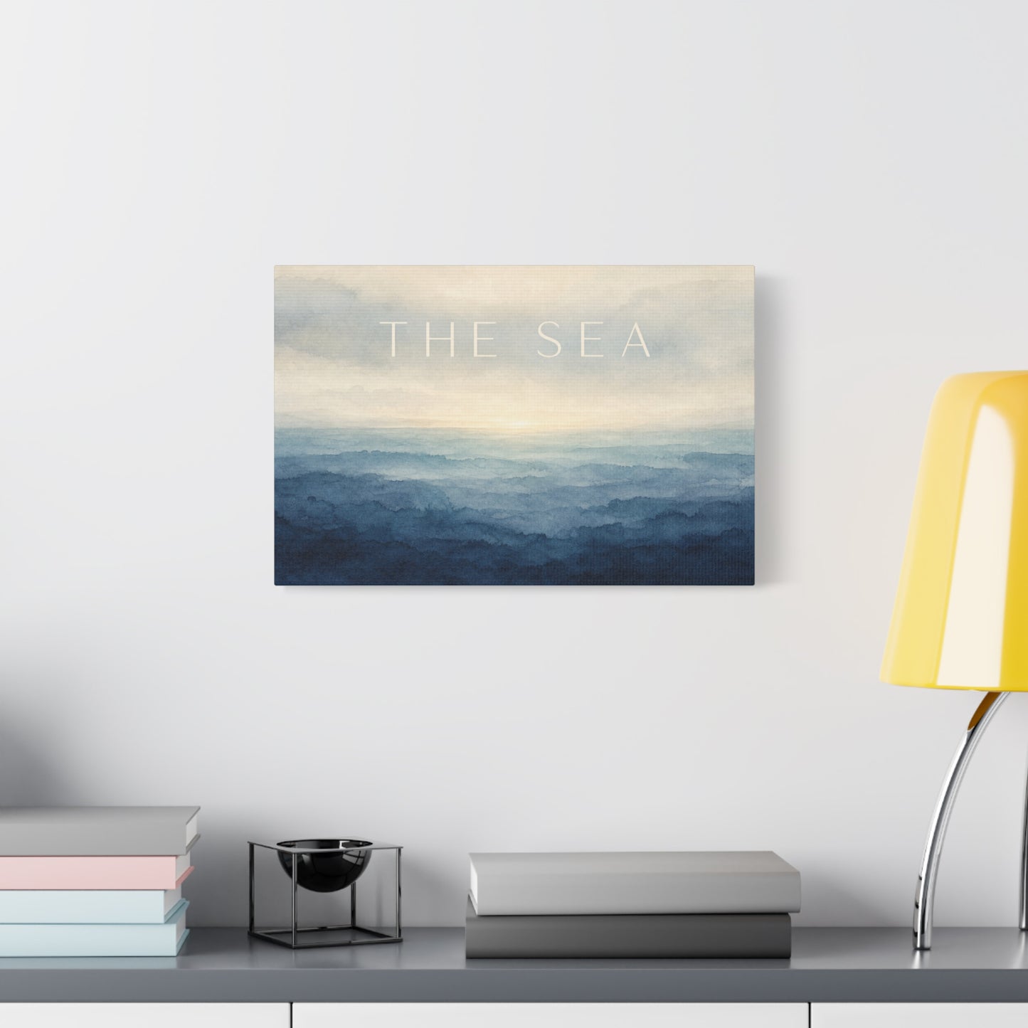 "The Sea" Coastal Canvas Wall Art - Blue Ocean Horizon Watercolor Typography Print - Serene Minimalist Seascape Decor - Bedroom Wall Hanging, Living Room Home Decoration, Meditation Space