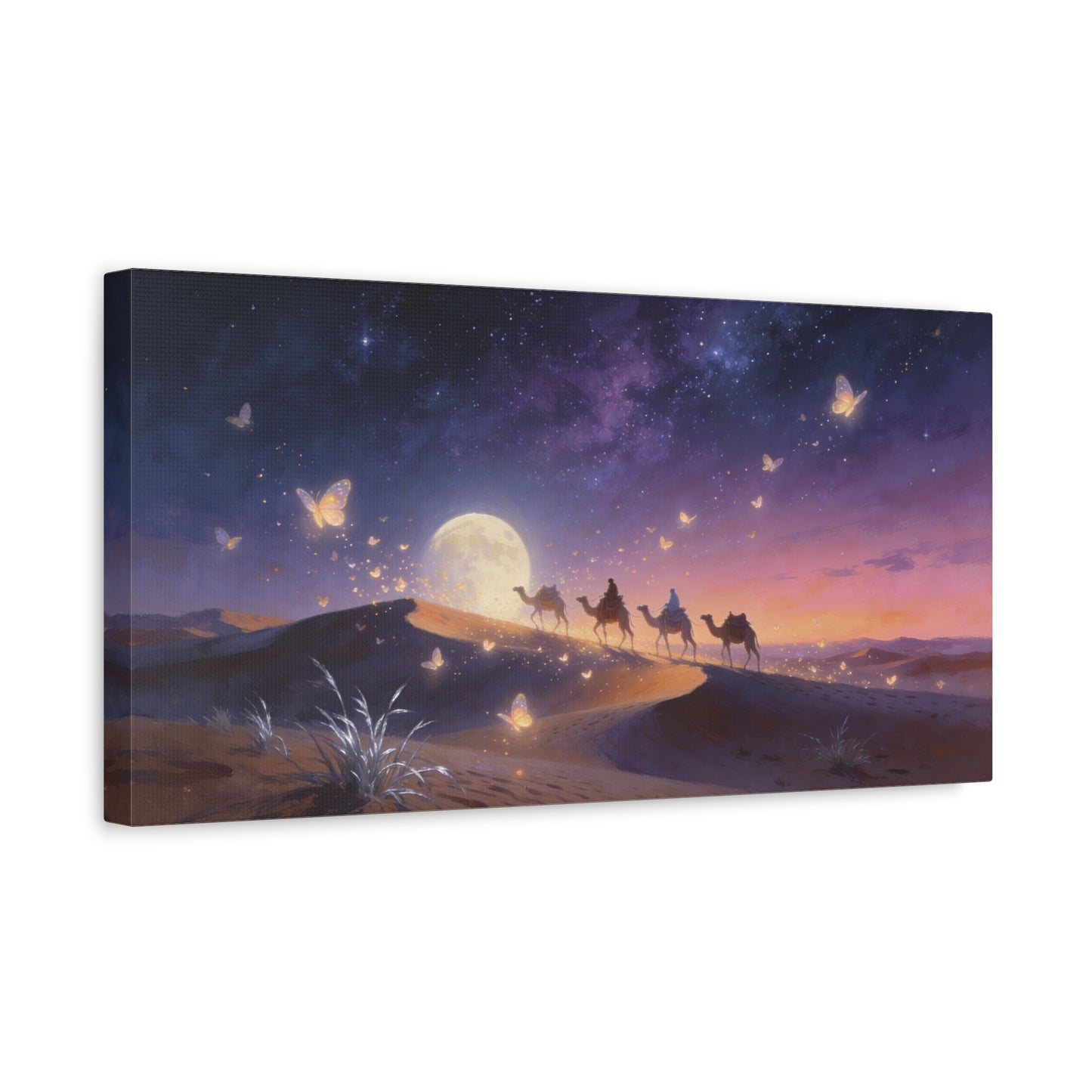 Moonlit Desert Camel Caravan Canvas Wall Art - Starry Night Butterflies, Dreamy Landscape Print - Ethereal Contemporary Style - Living Room Wall Decor, Bedroom Home Decoration - Modern Farmhouse Style