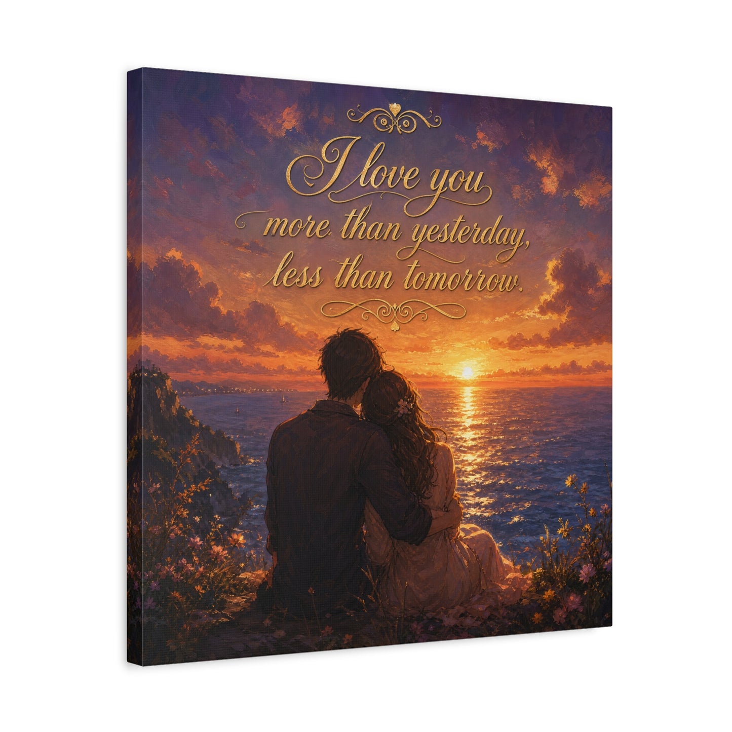 "I Love You More Than Yesterday, Less Than Tomorrow." Love Quote Canvas Wall Art - Romantic Sunset Ocean Couple Silhouette - Gold Script Seascape - Bedroom Wall Decor - Ready to Hang - Ready to Hang