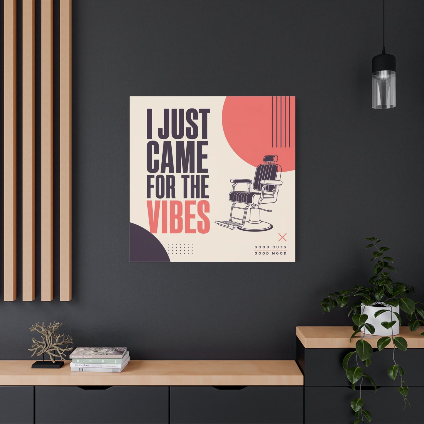 "I Just Came For The Vibes" Typography Canvas Wall Art - Barber Chair Line Illustration, Coral And Black Modern Salon Wall Decor - Minimalist Quote Print For Barbershop Lobby Workspace - Ready to Hang
